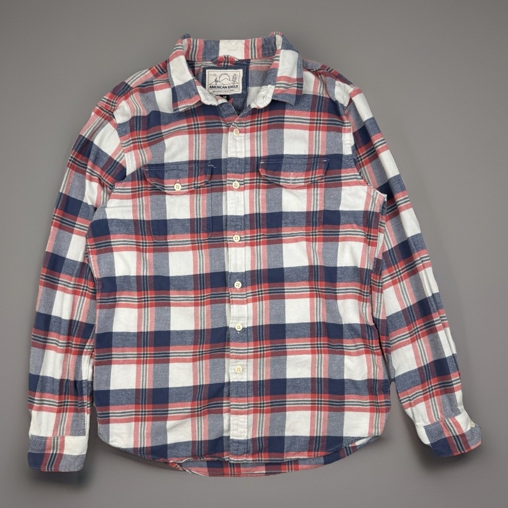 Plaid Flannel Shirt Red Blue Cotton Button Down Outdoors Medium